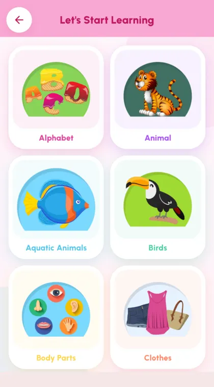 A grid of topics to choose from: alphabet, animals, birds and more