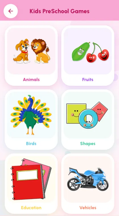 Preschool game topics: animals, fruits, shapes and vehicles